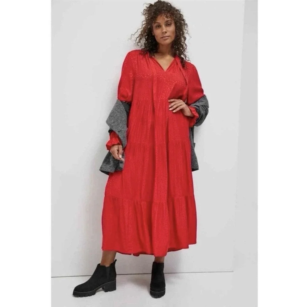 Anthropologie Maeve Wendy Tiered Maxi Dress Red Jacquard Tie Neck‎ Large Cottage